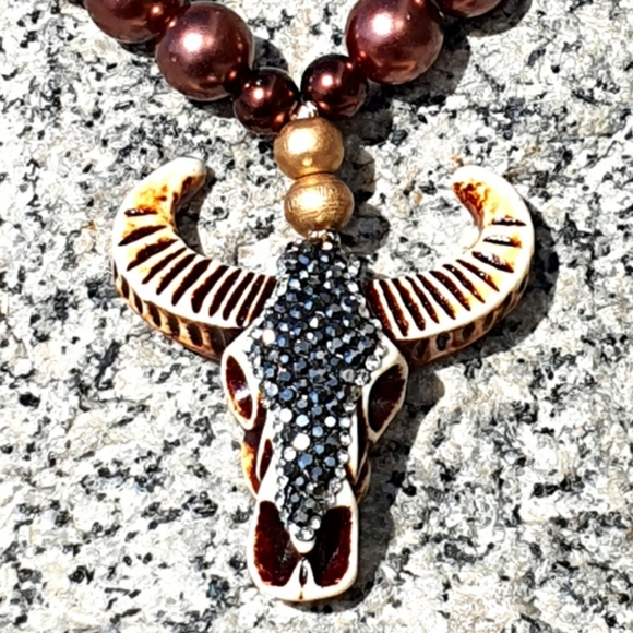 Boho Rhinestone Cow Skull Gold Wood Beads Necklace - Picture 4 of 8